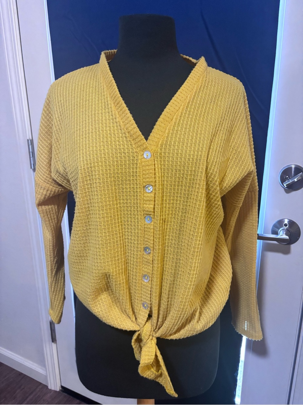 Women’s Mustard Yellow V-Neck Button Front Tie-Hem Sweater